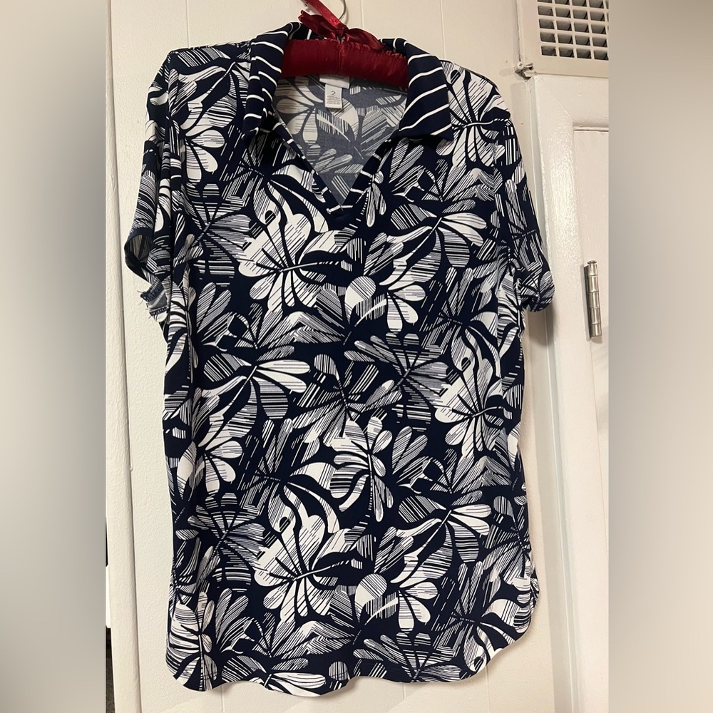 Chicos The Weekend Puff Garden Floral Polo Blue & White SZ 2